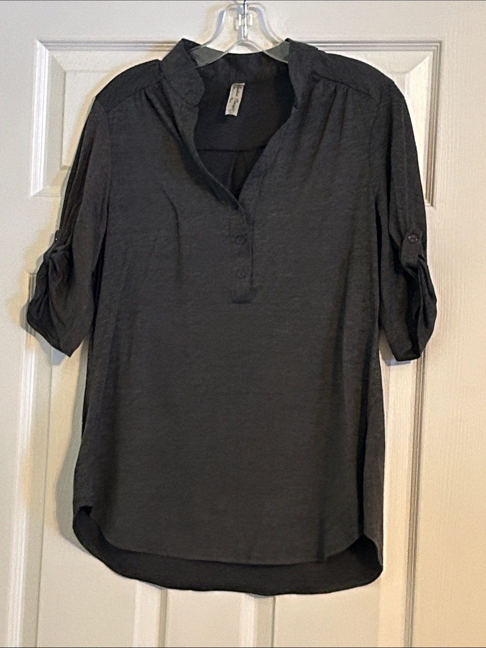 PerSeption Concept Charcoal Button-Neck Roll-Sleeve Tunic